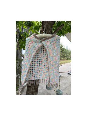 Handmade Knit Cape Shawl Pastel Rainbow Button Collar Fringe One Size Youth